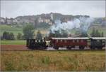 Sursee-Triengen-Bahn mit dem Tigerli der OeBB, E 3/3 Nr. 2. Im Hintergrund Knutwil mit St. Stephanus und Bartholomus. Geuensee, Juli 2019.