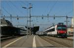 Ein Domino von Yverdon nach Lausanne verlsst Renens VD; im Hintergrund im Schatten beim Empfangsgebude ist der Gegenzug zu erkennen.