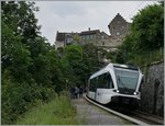 Der Thurbo GTW RABe 526 762-0 hat, als S33 unterwegs von Schaffhausen nach Winterthur, den Halt Schloss Laufen am Rheinfall erreicht.