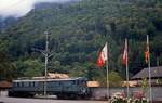 Altbautriebwagen der BLS: Im Juni 1990 ist der De 4/5 796 in Bnigen abgestellt. Der Triebwagen gehrte zu einer 1929 von der BN (Bern-Neuenburg) beschafften Serie von fnf Fahrzeugen, die als CFe 4/5 721-725 in Dienst gestellt wurden. Nach einem Umbau wurden sie als Fe 4/5 791-795 bezeichnet.