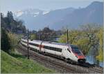 Ein SBB RABe 503  Pinocchio , leider mit offener Schnauze, ist als EC von Milano Centrale auf dem Weg nach Genève und wurde kurz nach Villeuve fotografiert. 26. März 2026