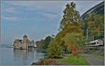 Ein SBB Flirt RABe 523 beim herbstlichen Château de Chillon.