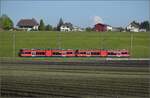 Auf der Biel-Täuffelen-Ins Bahn.

GTW Be 2/6 505 und GTW Be 2/6 503 der ASm bei Siselen. April 2022.