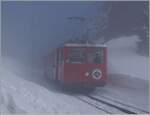 Der Bhe 2/4 1 (SLM/BBC Baujahr 1937) ist bei dichtem Nebel unterhalb von Rigi Staffel auf Talfahrt nach Vitznau.