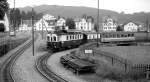 In einer 180 Grad-Kurve führt die SGA-Strecke von Appenzell in den Bahnhof Gais, hir mit ABDeh 4/4 5 im Frühjahr 1979, das links sichtbare Gleis führt nach Altstätten