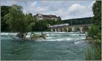 Ein SBB RABe 514 als S 24 von Thayngen nach Zug auf der Rheinbrücke zwischen Neuhausen und Schloss Laufen am Rheinfall.