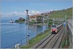 Während der SBB RABe 523 110 und ein weiterer bei Rivaz in Richtung Lausanne fahren, legt der CGN Raddampfer  Itailie  an der Schiffsanlegestelle Rivaz St-Saphorin an.