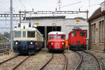 Denkmaltage 2018 – Eisenbahnerbe ohne Grenzen
vom 1. September 2018
BLAUER PFEIL TRIFFT ROTER PFEIL
Zusammentreffen von BCFe 4/6 736, BLS Historic mit RAe 2/4 1001, SBB Historic in Burgdorf.
Foto: Walter Ruetsch 
