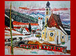  Bei Disentis , in Werk von 1957 vom Schweizer Maler, Zeichner, Lithograf und Kinderbuchautor Alois Carigiet, hier am 20 Februar 2017 im Bahnhof Alp Grm, an dem ALLEGRA-Zweispannungstriebzug ABe 8/12