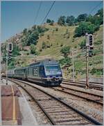 Die BLS Re 465 008-1 fährt mit dem EC  Monte-Verdi  in Ausserberg durch.