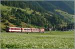 Der MGB Regionalzug 519 von Andermatt nach Visp im Gegenlicht bei Mnster (Goms).