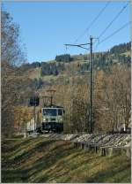 Die MOB  Schokoladen - GDe 4/4 mit einem Regionalzug nach Zweisimmen zwischen Saanen und Gstaad am 5.