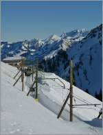 Auf 80 cm Spurweite von Montreux auf den Rochers de Naye: Tief verschneit zeigt sich die Strecke vom der Station Jaman Richtung Rochers de Naye.