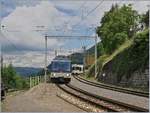 Zugkreuzung des MOB PE 2115 Zweisimmen - Montreux und des Gegenzugs PE 2122 in Chamby: Der MOB Panoramic Express PE 2115 mit dem seit kurzem neu hergerichteten Steuerwagen Ast 117 erreicht Chamby.