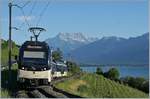 ieben Gipfel und vier Stromabnehmer ragen in den freundlichen Abendhimmel! Der MOB Regionalzug 2238 ist auf der Fahrt von Montreux nach Zweisimmen kurz vor Planchamp vor dem Hintergrund der fast