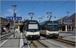 Der MOB ABe 4/4 9302 und die Ge 4/4 8004 stehen in Zweisimmen.