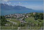 Der von Sarah Morris als  Monarch  gestaltete Lenkerpendel ABt 341 - Be 4/4 5001 - Bt 241 ist auf dem Weg von Montreux nach Zweisimmen und überquert bei Châtelard die Autobahn A9.