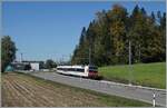 An praktisch derselben Stelle zeigt sich gut eineinhalb Jahre später ein TPF Domino auf der Fahrt nach Broc Fabrique, nun ist die Strecke umgespurt und wird im Halbstundentakt bedient, wobei die