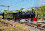 Die Mallet-Dampflok G 2x2/2 ex SEG 105  Todtnau mit einem Dampfzug der Museumsbahn Blonay-Chamby am 28.05.2023 beim Umsetzen im Bahnhof Vevey.