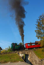 Die Kohle befeuerte BRB 6 fhrt am 01.10.2011 um 9:45 Uhr mit ihren Zug (zwei Vorstellwagen) zum Brienzer Rothorn hinauf.