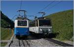 In Jaman treffen sich der talwärts fahrende Bhe 4/8 305 und der Bhe 2/4 207 auf dem Weg zu Gipfel.