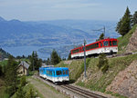 RB/ARB/VRB: Die beiden Rigi-Bahnen auf gemeinsamer Fahrt zwischen Rigi Staffel und Rigi Kulm.