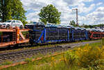 Offener vierachsiger (2 x zweiachsiger) Doppelstock-Autotransportwagen 25 80 4363 235-9 D-TRFSA der Gattung Laaers, der spanischen DB Tochter Transfesa Logistics S.A., beladen mit Autos der bekannten