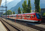 Zwei gekuppelte dreiteilige sehr neue MGB ABeh 8/12 „ORION“ Niederflurtriebzge mit Zahnrad- und Adhsionsantrieb erreichen am 11 September 2023, als MGB R 43 (525) von Andermatt nach