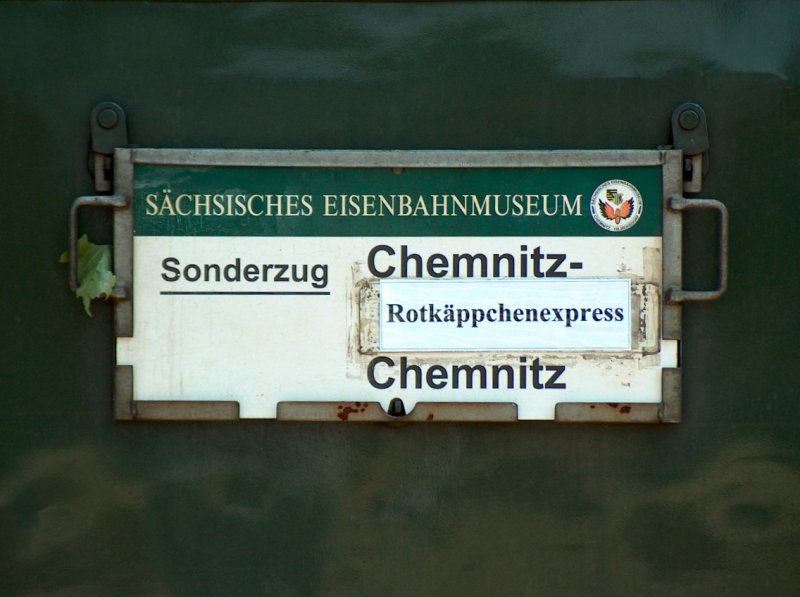 Zuglaufschild des DPE 99816  ROTK�PPCHEN-EXPRESS  von Glauchau (Sa) nach Freyburg (Unstrut); 07.06.2008
